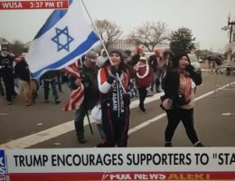 The screenshot of a Trump supporter holding an Israeli flag during the riot at the U.S. Capitol on January 6, 2020. From Laleh Khalili's Twitter feed.