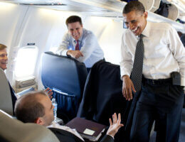 Obama jokes with Ben Rhodes, Deputy National Security Advisor for Strategic Communication, aboard Air Force One en route from London, England, to the G8 Summit in Deauville, France, May 26, 2011. Mike McFaul, Senior Director for Russian and Central Asian Affairs, left, and Director of Communications Dan Pfeiffer, center. (Official White House Photo by Pete Souza)