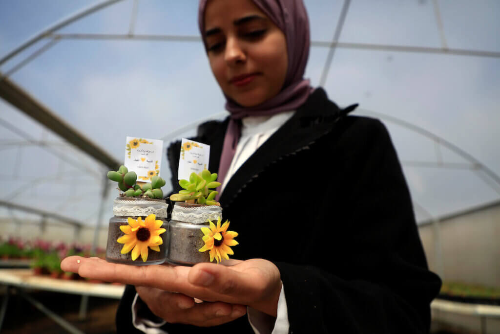 Palestinian engineer, Zeina Abu Salama, 24, displays succulent gifts on the International Women's Day in Jenin in the West Bank, on March 8, 2021. (Photo: Oday Daibes/APA Images)