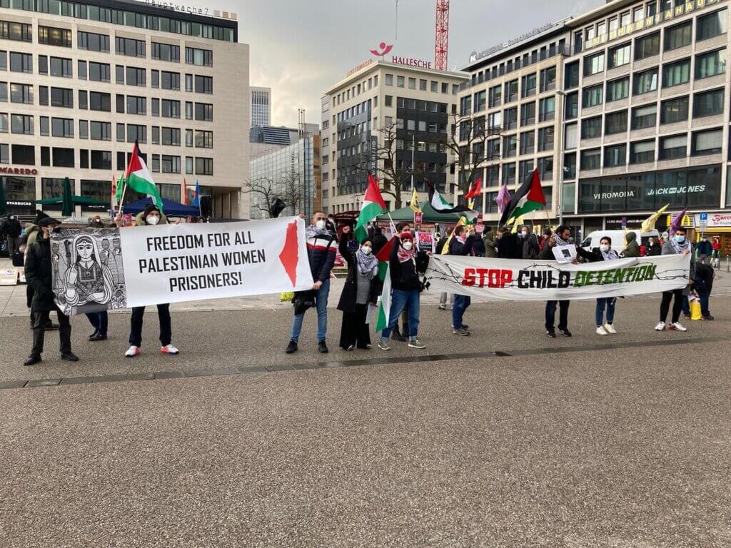 Activists with Samidoun Deutschland protest in Germany on March 18, 2021. (Photo: Samidoun/Twitter)