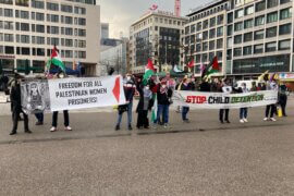 Activists with Samidoun Deutschland protest in Germany on March 18, 2021. (Photo: Samidoun/Twitter)