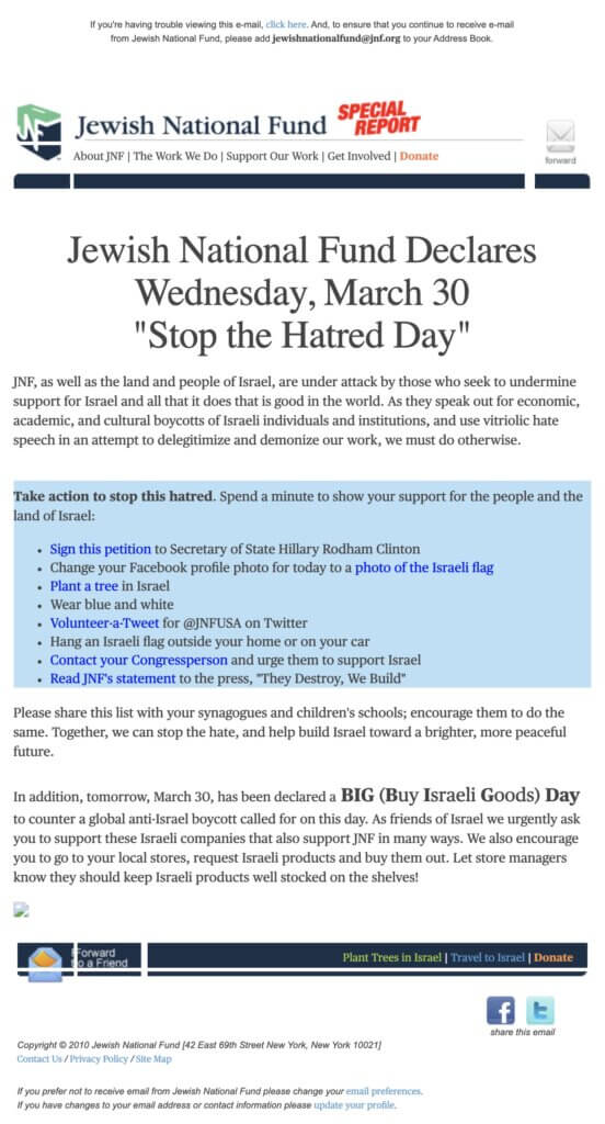 JNF email on Land Day, 2011