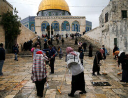 Palestinian volunteers clean the Al-Aqsa mosque compound, ahead the Muslims holy month of Ramadan, in Jerusalem's Old City on April 10, 2021. (Photo: Jamal Awad/APA Images)