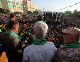 Yahya Sinwar, leader of Hamas's political wing, greets supporters at arally in Beit Lahia in the northern Gaza Strip, May 30, 2021. (Photo: Ashraf Amra/APA Images)