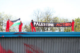 UK based Pro-Palestinian activists group "Palestine Action" seized control of the Leicester based factory of Elbit subsidiary UAV Tactical Systems on Wednesday, May 19, 2021. Activists say that "the occupation is aiming to be as disruptive as possible; these activists are determined to prevent Elbit from resuming its business of bloodshed." (Photo by Vudi Xhymshiti)