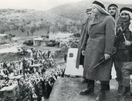Fawzi al-Qawuqji arrives at the village of Jaba', near Nablus, to assume control of the ALA central forces, early March 1948. (Photo: Palestine Liberation Organization Information Center archives via paljourneys.org)