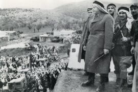 Fawzi al-Qawuqji arrives at the village of Jaba', near Nablus, to assume control of the ALA central forces, early March 1948. (Photo: Palestine Liberation Organization Information Center archives via paljourneys.org)