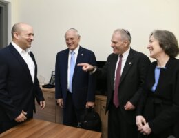 Leaders of the Conference of Presidents of Major American Jewish Organizations meet with Naftali Bennett, likely next prime minister of Israel. May 31, 2021. From the Conference twitter feed. Bennett on left. Malcolm Hoenlein, William Daroff, and Dianne Lob, left to right. (Photo: Twitter)