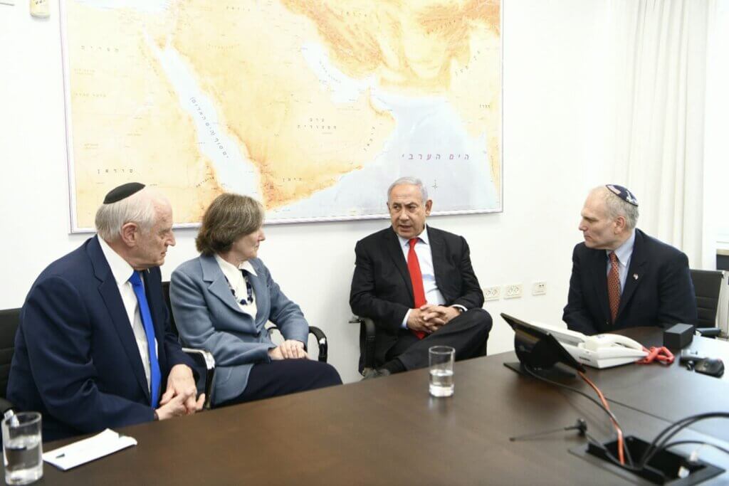 Leaders of the Conference of Presidents of Major American Jewish Organizations meet with Benjamin Netanyahu, June 1, 2021, and state that it is "an honor" to meet with the Israeli PM "to express solidarity with Israel on behalf of American Jewry." From Conference twitter feed. Jewish leaders are, l to r, Malcolm Hoenlein, Dianne Lob, Netanyahu, and William Daroff.