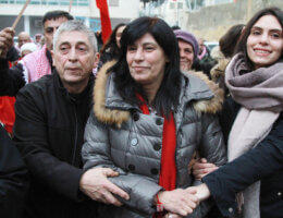 (FILE) A photo taken on February 28, 2019. Popular Front for the Liberation of Palestine (PFLP) member Khalida Jarrar with her daughter Suha (right) and husband Ghassan (left) following her release from an Israeli jail, in the occupied West Bank city of Ramallah. Now, Israeli authorities refuse Jarrar's request to be released from jail to participate in Suha's funeral, who died yesterday of a sudden heart attack. (Photo: Ahmad Arouri/APA Images)