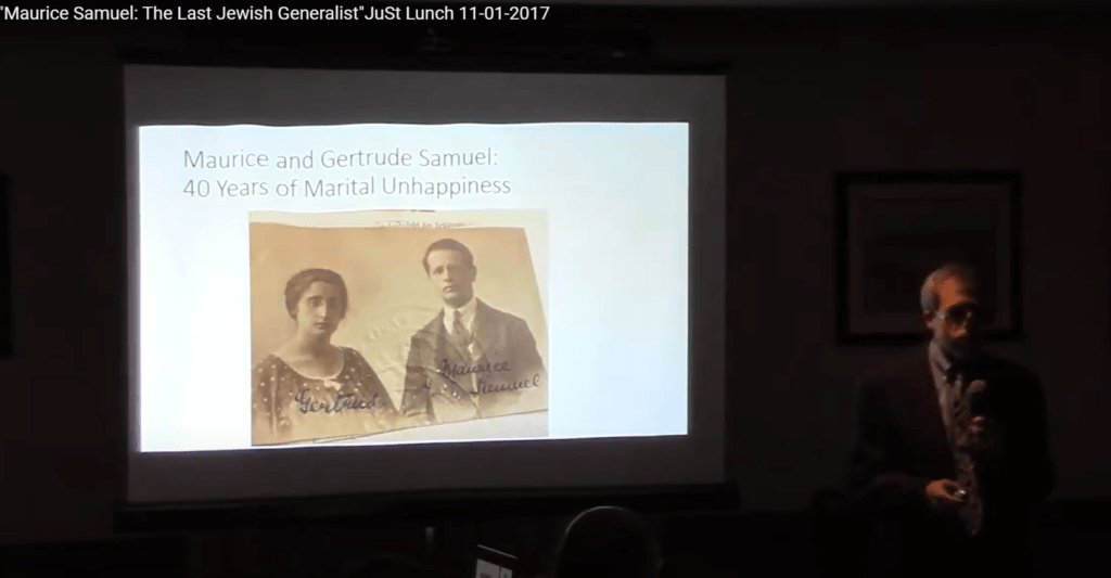 Photo of Maurice Samuel and his wife from a lecture on Samuel by Alan Levenson at the University of Oklahoma's Schusterman Center for Judaic and Israel Studies, 2017.