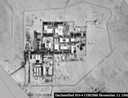 Negev Nuclear Research Center at Dimona, photographed by American reconnaissance satellite KH-4 CORONA on November 11, 1968. (Image: Wikimedia)