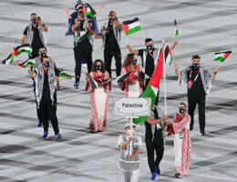 Palestine's delegation parade during the opening ceremony of the Tokyo 2020 Olympic Games, at the Olympic Stadium, in Tokyo, on July 23, 2021. (Photo by Martin BUREAU / AFP via Getty Images)
