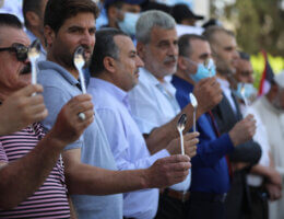 Palestinians in Gaza hold spoons as part of a protest in solidarity with the escape of six Palestinian resistance fighters from Gilboa jail, on September 7, 2021. The escaped prisoners used spoons to dig their tunnel to escape from the prison. (Photo: Ashraf Amra/APA Images)