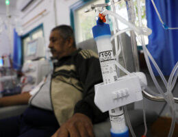 Palestinian patients on dialysis at al-Shifa Hospital in Gaza City on October 28, 2021. Gaza's Ministry of Health announced hospitals ran out of erythropoietins, proteins that stimulate the production of red blood cells in patients with kidney failure. (Photo: Majdy Fathi/APA Images)