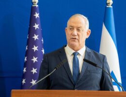 Israeli Minister of Defense Benny Gantz speaks to the press during a joint press conference with Secretary of Defense Lloyd J. Austin III at the Ministry of Defense in HaKirya, Israel, April 11, 2021. (DoD Photo by U.S. Air Force Staff Sgt. Jack Sanders).