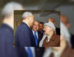 U.S. Secretary of State Colin Powell met with Palestinian leader Yasser Arafat inside Arafat's besieged headquarters in the West Bank town of Ramallah on April 17, 2002. In a two-hour meeting with Powell, Arafat demanded that the international community and the Bush administration work to break his isolation by the Israelis. (Photo: AP/ Palestinian Authority)