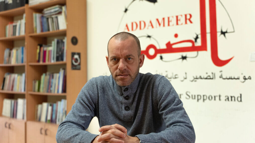 Palestinian French lawyer Salah Hammouri at the offices of prisoners rights group Addameer in Ramallah, occupied West Bank. (Photo: Yumna Patel/Mondoweiss)