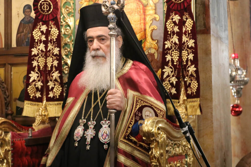 Greek Orthodox Patriarch of Jerusalem Theophilos III, arrives at the Church of the Nativity in the West Bank city of Bethlehem, as Orthodox Christians celebrate Christmas, on January 6, 2021. (Photo: Mosab Shawer/APA Images)