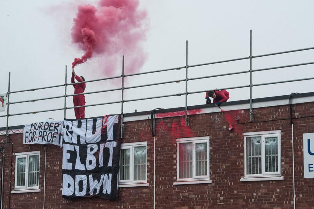 Activists with Palestine Action occupy Elbit System's subsidiary, UAV Engines Ltd, in Shenstone, Staffordshire on January 24, 2022. (Photo: Guy Smallman)