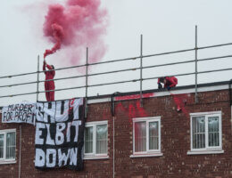 Activists with Palestine Action occupy Elbit System's subsidiary, UAV Engines Ltd, in Shenstone, Staffordshire on January 24, 2022. (Photo: Guy Smallman)