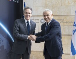 US Secretary of State Antony Blinken meets with Israeli Foreign Minister Yair Lapid in Israel, March 27. Blinken tweets, "The U.S. commitment to Israel is ironclad."