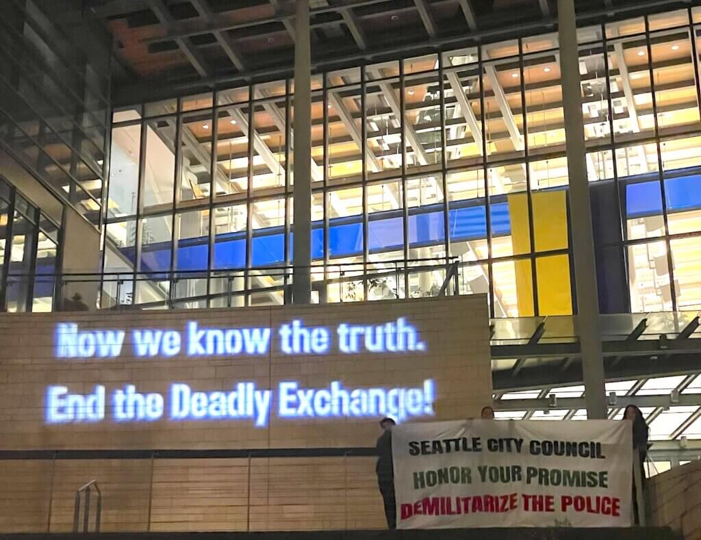 End Deadly Exchange Seattle protest over leaked ADL memo about US police training in Israel. 