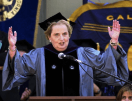 Madeleine Albright delivers her keynote speech at the Hearst Greek Theatre on May 10, 2000 during the University of California, Berkeley graduation ceremony. (Photo by Group/MediaNews Group/East Bay Times via Getty Images)