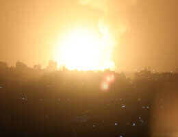 Flames rise during Israeli air strikes in the southern Gaza Strip, April 19, 2022. (Photo: Ashraf Amra/APA Images)