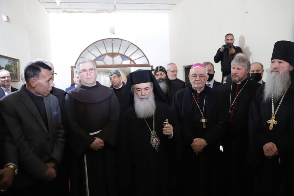 Greek Orthodox Patriarch of Jerusalem Theophilos III holds a meeting with other religious leaders at the Little Petra Hotel at the Jaffa Gate area in Jerusalem's Old City, on March 29, 2022. (Photo: Jeries Bssier/APA Images)