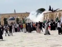 Israeli forces dropping tear gas from a drone onto the Al Aqsa compound, April 22, 2022 (Screenshot: Twitter)