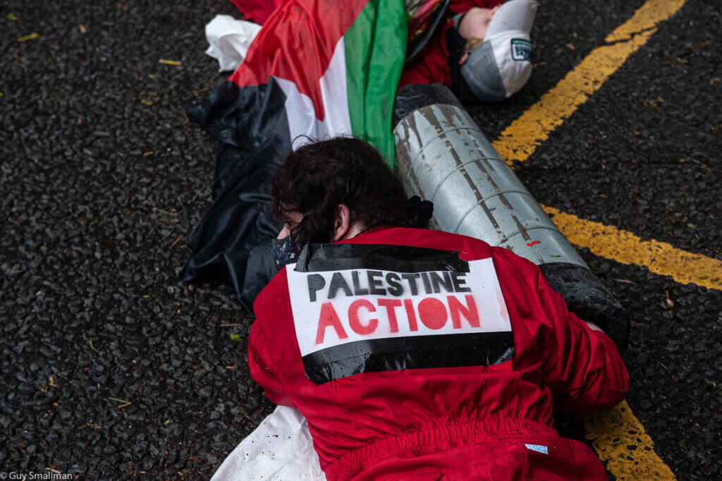 Palestine Action activists blockading Elbit Systems's operational hub in Bristol. (Photo: Guy Smallman)
