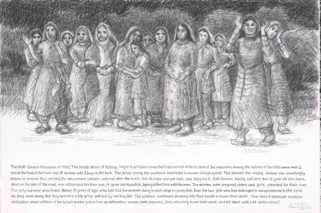 Title of Painting: Fourteen Women of the Ninth Wave, 1999, conté crayon on paper, 12.75 x 19 5/8 in, 32.5 x 50 cm  (Image courtesy of Samia Halaby)