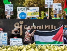 Protesters call on General Mills to stop manufacturing Pillsbury products on an illegal settlement in the occupied Palestinian territory in September 2020. The demonstration took place at the corporation's Minneapolis headquarters on the eve of its annual board meeting. (Photo: Emma Leigh Sron / AFSC)