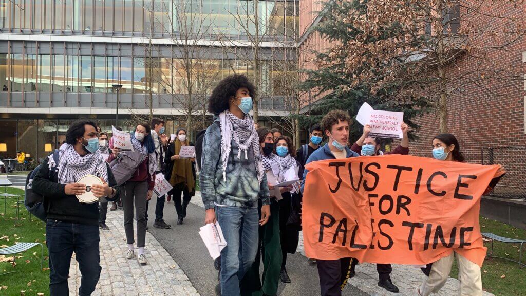 PSC students lead a demonstration protesting ret. IDF General Amos Yadlin's study group at Harvard Kennedy School