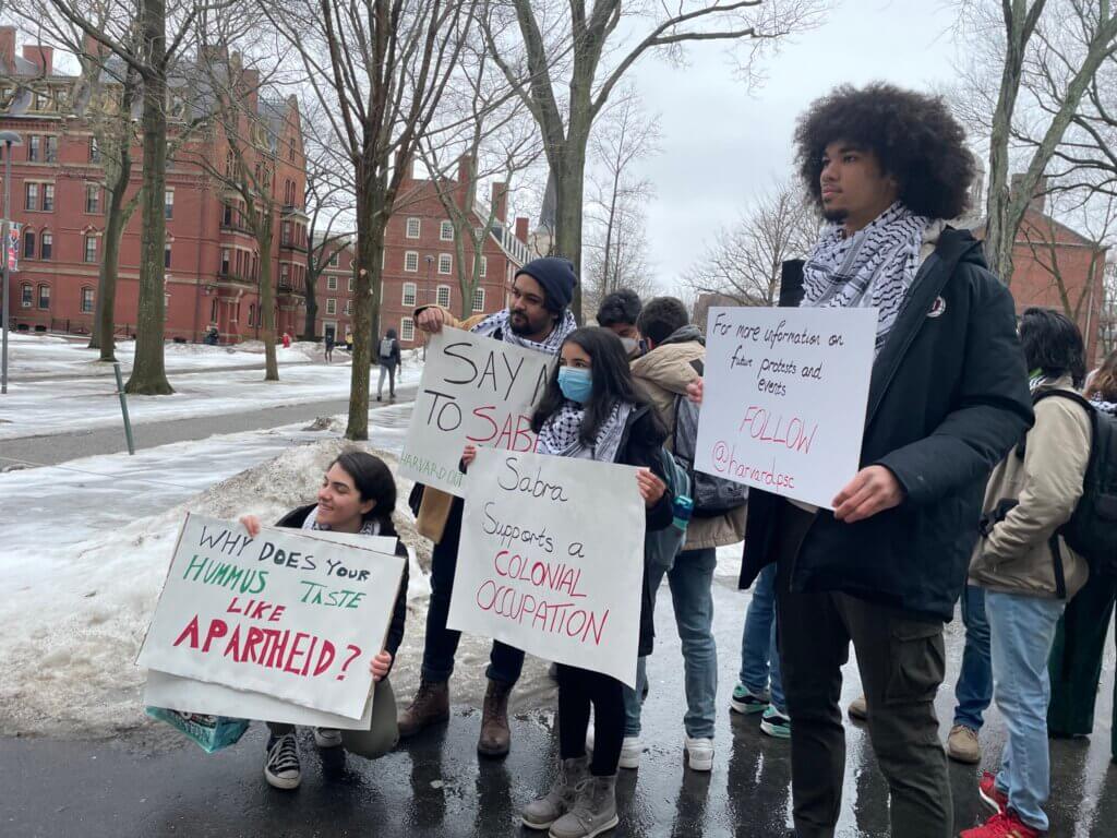 PSC students lead a protest calling for the boycott of Sabra Food products in Harvard's dining halls