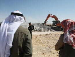 Israeli bulldozers demolish a Palestinian house in the Umm Qassa community of Masafer Yatta, on July 4, 2022. (Photo: Mamoun Wazwaz/APA Images)