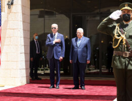 US President Joe Biden is received by Palestinian president Mahmud Abbas during a welcome ceremony at the Palestinian Muqataa Presidential Compound in the city of Bethlehem in the West Bank on July 15, 2022. (Photo: Thaer Ganaim/APA Images)
