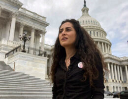 Lina Abu Akleh, the niece of slain Al Jazeera journalist Shireen Abu Akleh, speaks at the U.S. Capitol during a trip to Washington, Wednesday, July 27, 2022. (AP Photo/Nathan Ellgren)