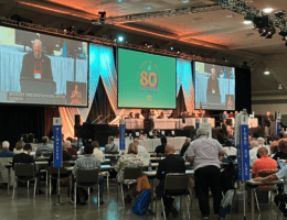 The Rev. Mike Ehmer, chair of the Joint Standing Committee on Program, Finance & Budget, presents the 2023-24 budget proposal to a joint session of the 80th General Convention in Baltimore, Maryland. (Photo: David Paulsen/Episcopal News Service)