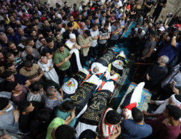 Palestinians attend the funeral of Islamic Jihad commander Tayseer al-Jabari who was killed in an Israeli air strike along with another Palestinians in Gaza City on August 5, 2022. (Photo: Ashraf Amra/APA Images)
