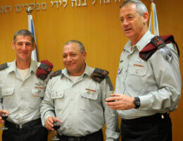 Yair Golan (left), Gadi Eizenkot (center), and Benny Gantz celebrate Golan's promotion to commander of the Northern Command in 2011. (Photo: Flickr/IDF Spokesperson's Unit)