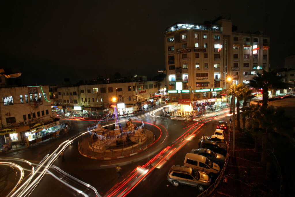 General view of the Manara Square "the center of Ramallah" at the night in the West Bank city of Ramallah, on Sept. 1, 2010. (Photo: Eyad Jadallah/APA Images)