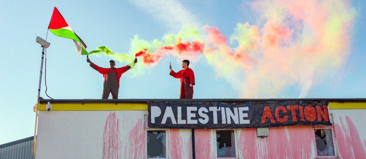 Palestine Action UK activists occupy the roof of The Good Packing Company, a client of Elbit Systems, August 8, 2022. (Photo: Palestine Action website)
