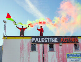 Palestine Action UK activists occupy the roof of The Good Packing Company, a client of Elbit Systems, August 8, 2022. (Photo: Palestine Action website)