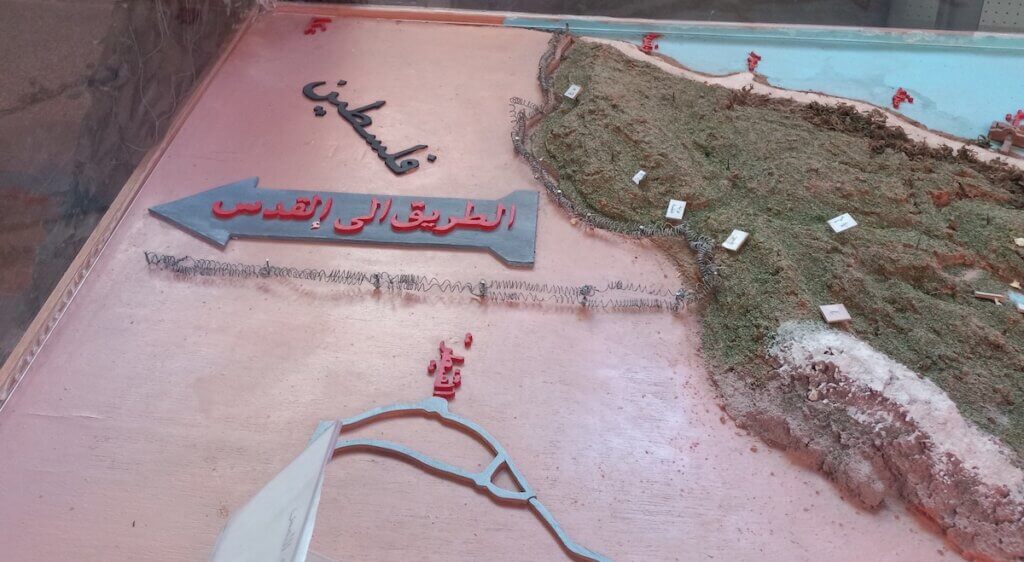 Topographic representation of the Lebanese border with Israel — labeled “Palestine” — with a large arrow pointing south labelled “the Way to al-Quds [Jerusalem]," at the Hezbollah museum in Baalbek, Lebanon. (Photo: Jeff Klein)