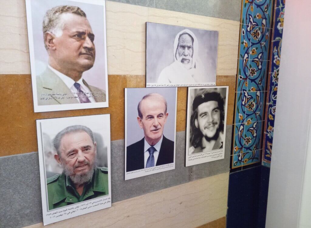 Photo collage of Gamal Abdul Nasser, Fidel Castro, Che Guevara, Hafez al-Assad, and Omar al-Mukhtar, at exhibition in Hezbollah museum in Baalbek, Lebanon (Photo: Jeff Klein)