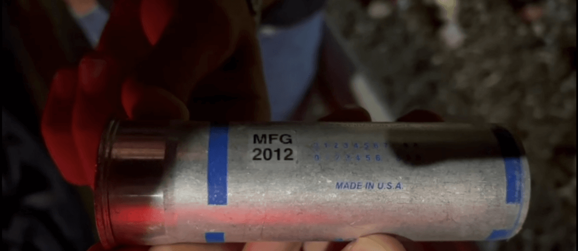 Spent Israeli teargas canister, with a "Made in USA" label imprinted on the side., outside Sami Hureini's home. (Photo: Sami Hureini)