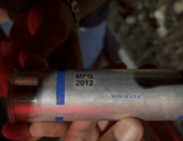 Spent Israeli teargas canister, with a "Made in USA" label imprinted on the side., outside Sami Hureini's home. (Photo: Sami Hureini)