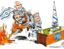 Benjamin Netanyahu rides Itamar Ben-Gvir, and the ghost of Meir Kahane, back to power in Israel’s recent elections. (Cartoon: Carlos Latuff)